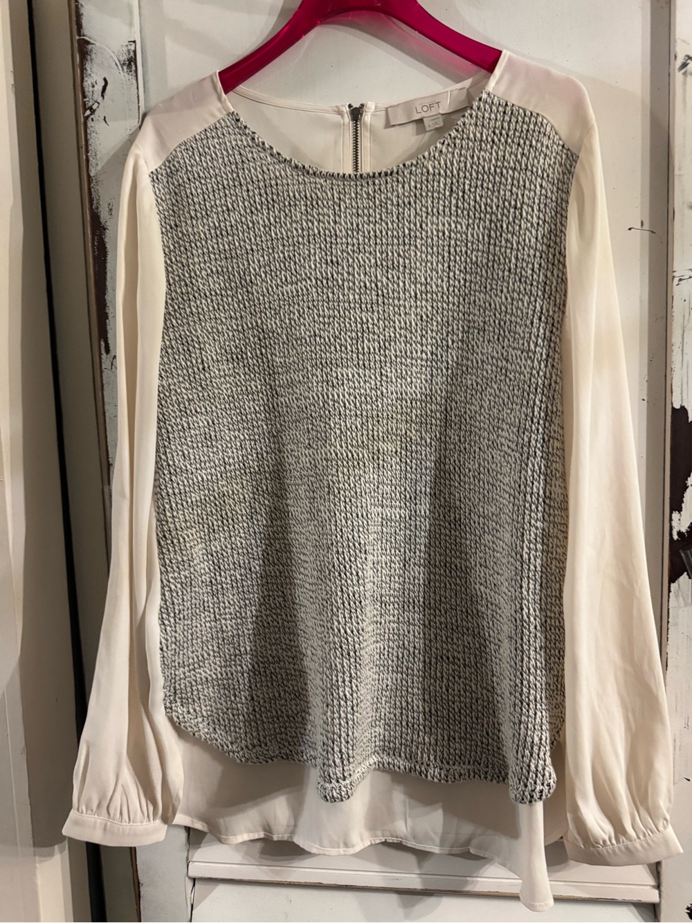 LOFT Cream Sleeves with Gray Textured Front Blouse - Women's Top